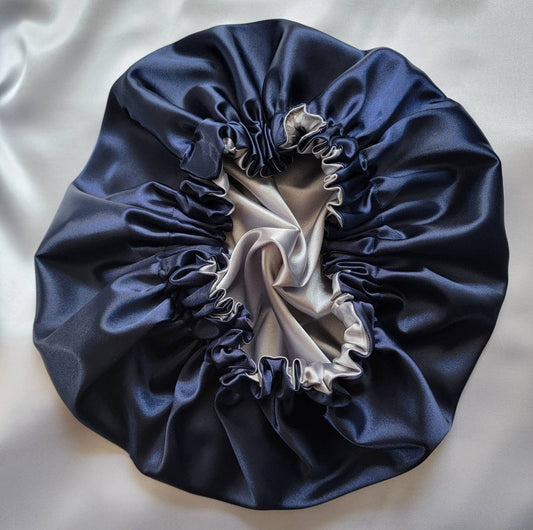 Navy Blue/Silver Charmeuse Satin Hair Bonnet REVERSIBLE