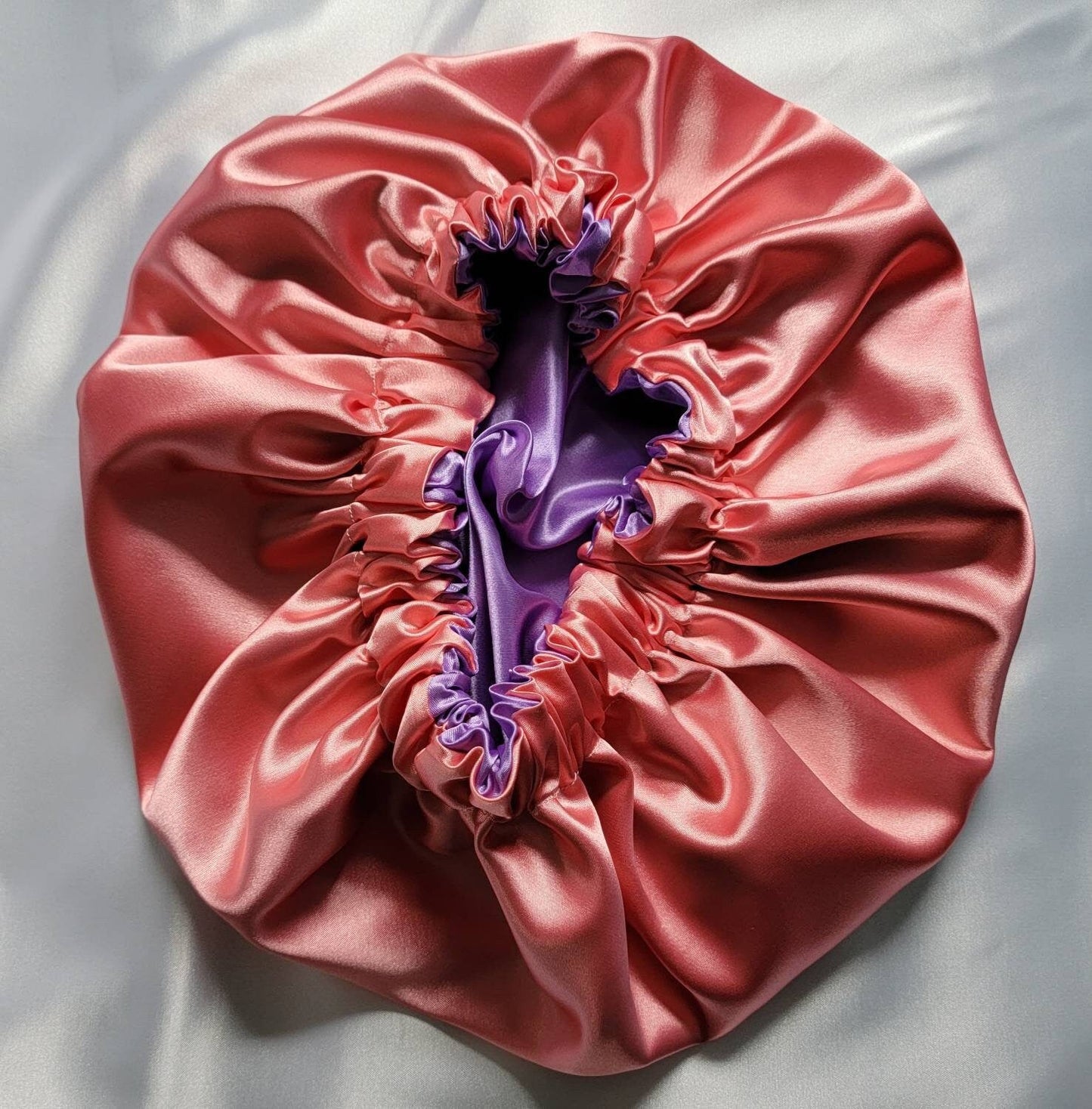 Lilac/Coral Charmeuse Satin Hair Bonnet REVERSIBLE