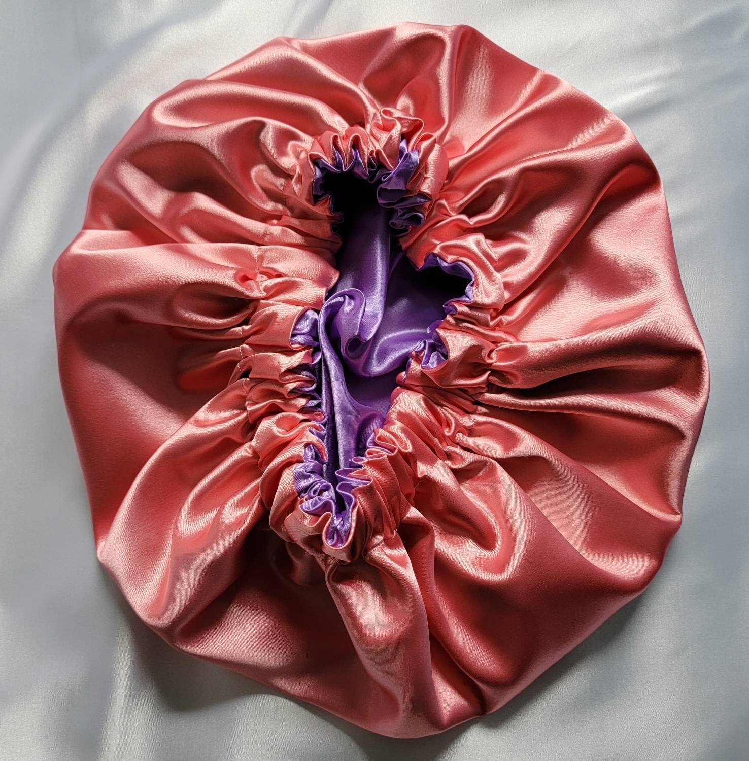 Lilac/Coral Charmeuse Satin Hair Bonnet REVERSIBLE - LOVENCOLR