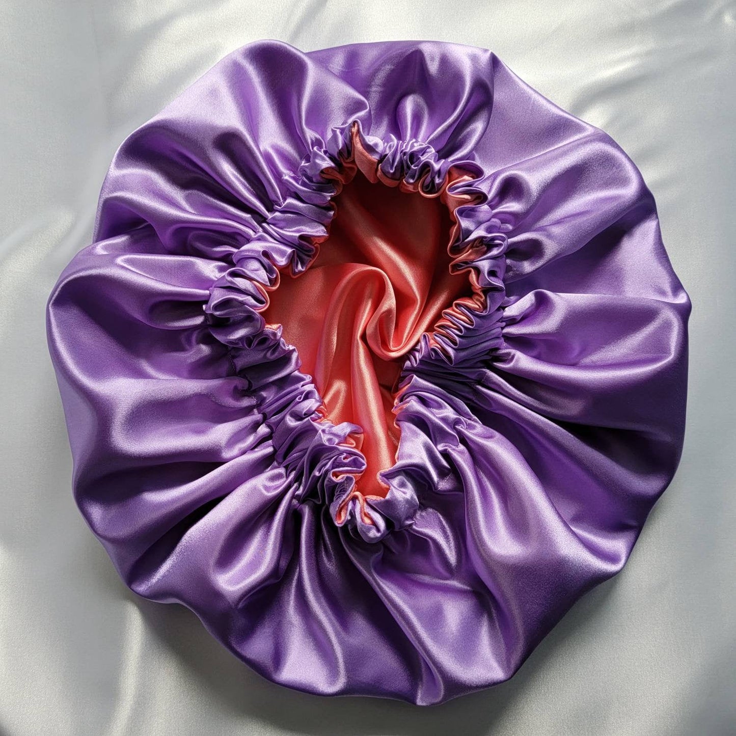 Lilac/Coral Charmeuse Satin Hair Bonnet REVERSIBLE