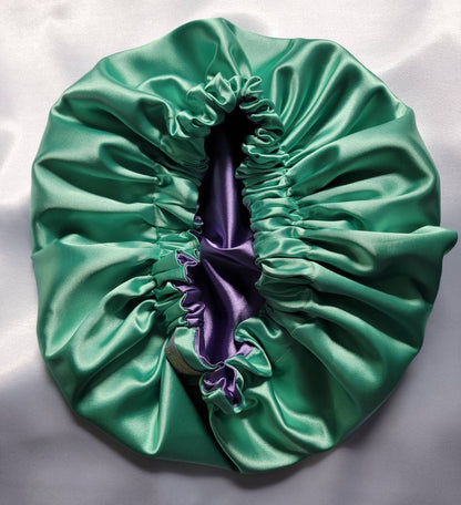 Aqua Green/Purple Charmeuse Satin Hair Bonnet